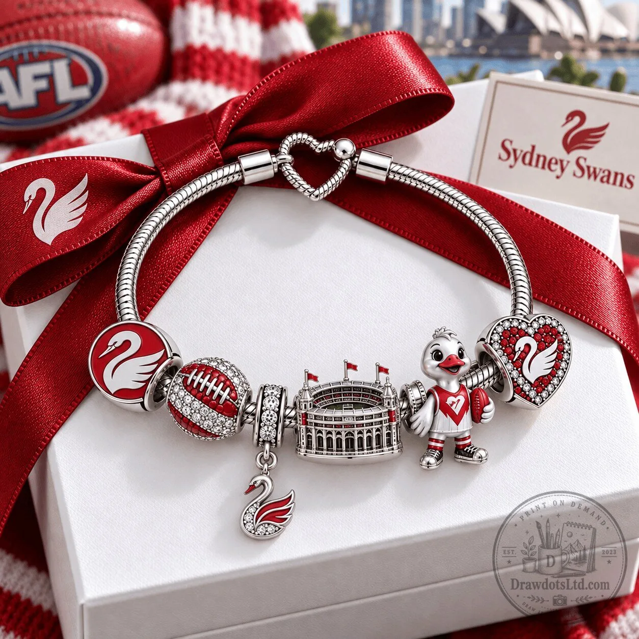 Sydney Swans Football Team Silver Charm Bracelet with Heart Clasp