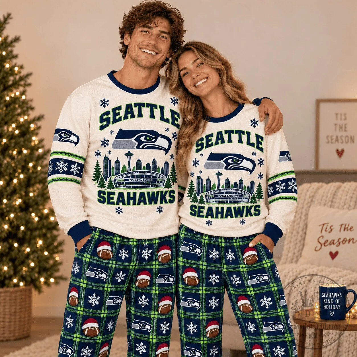 Seattle Seahawks Christmas Holiday Matching Family Pajamas Set