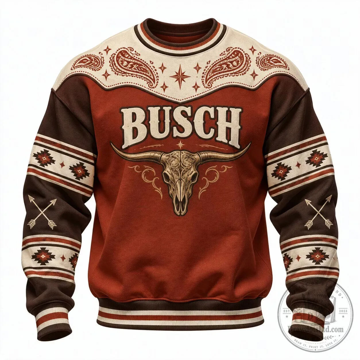 Busch Beer Western Style Longhorn Skull Crewneck Sweatshirt