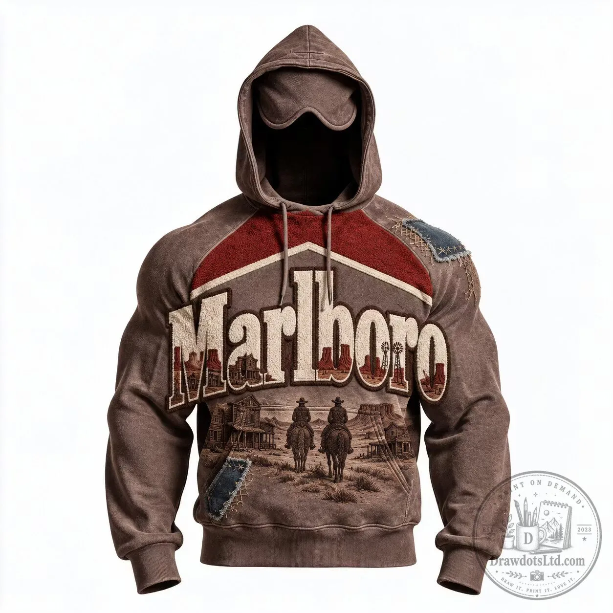 Marlboro Western Cowboy Style Distressed Brown Hoodie