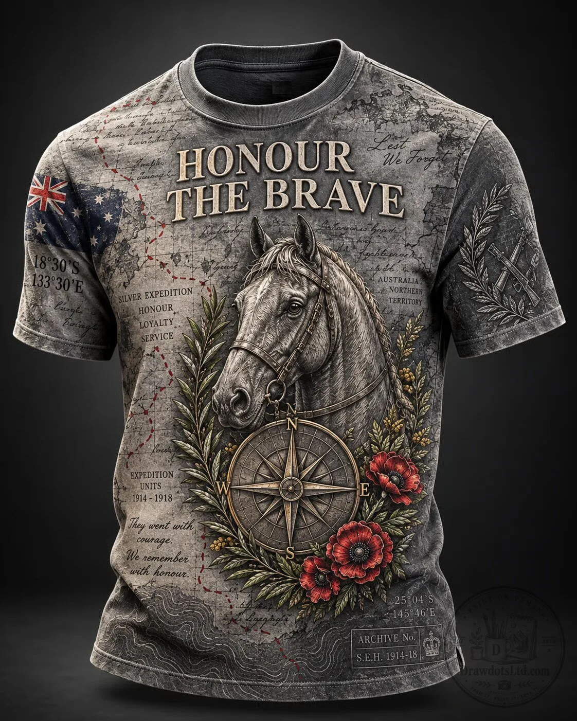 Australia Remembrance Day Honour The Brave Horse Compass Poppy T-Shirt
