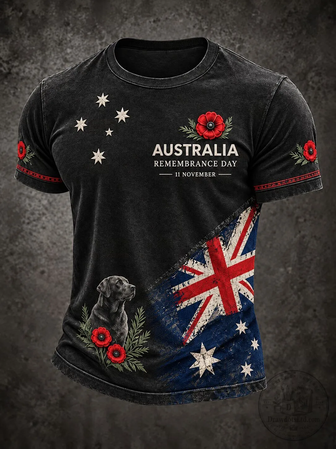 Australian Remembrance Day Lest We Forget Black Labrador Poppy T-Shirt