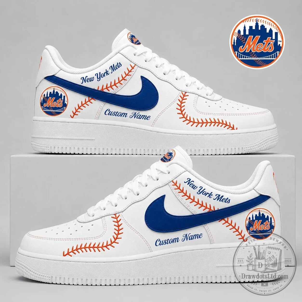 New York Mets Baseball Custom Name White Nike Air Force 1 Shoes