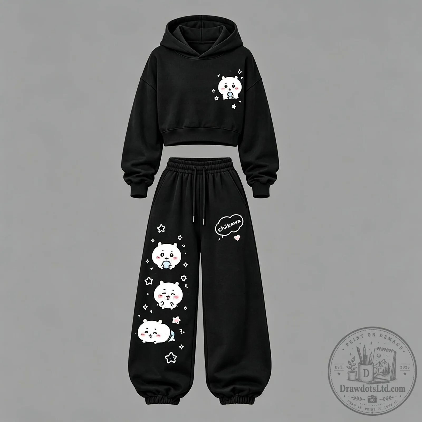 Cropped Hoodie and Jogger Pants Set Featuring Chiikawa Adorable Cartoon Character