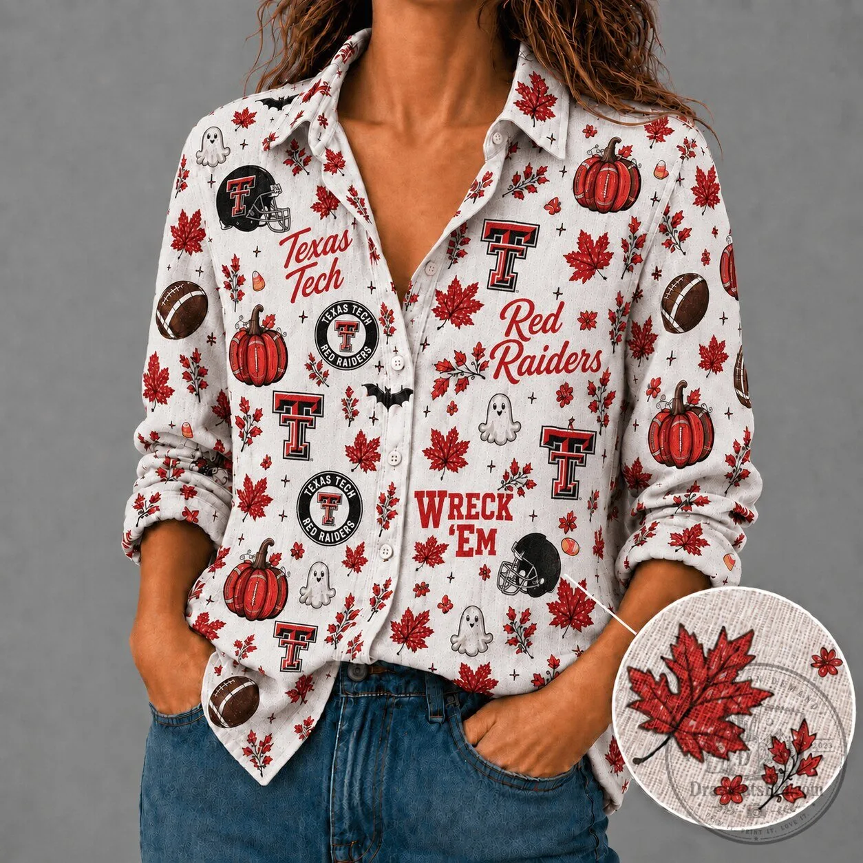 Texas Tech Red Raiders Football Halloween Autumn Leaves Long-Sleeve Shirt