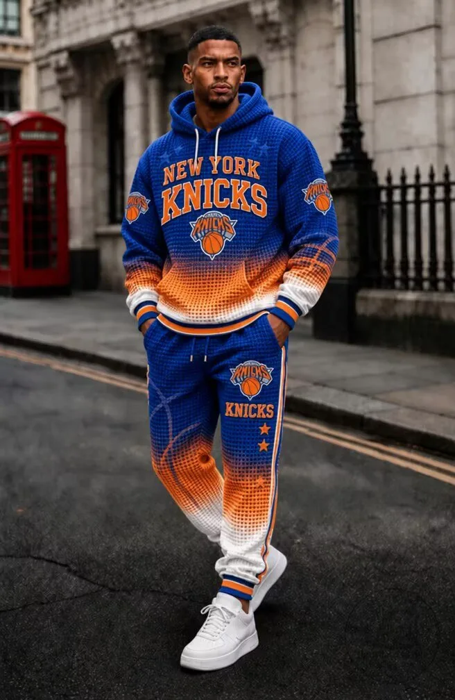 New York Knicks Basketball Team Blue Orange Gradient Hoodie and Jogger Pants Set