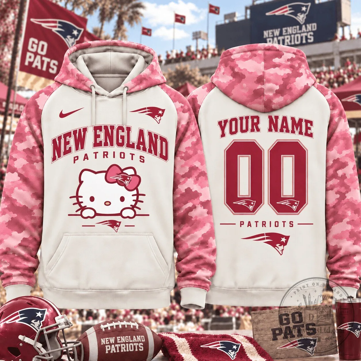 New England Patriots Hello Kitty Pink Camouflage Custom Hoodie