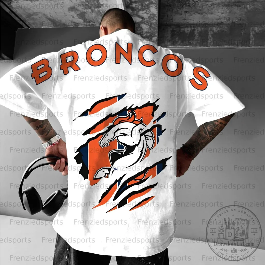 Denver Broncos Football Team Logo Ripped Design Graphic T-Shirt