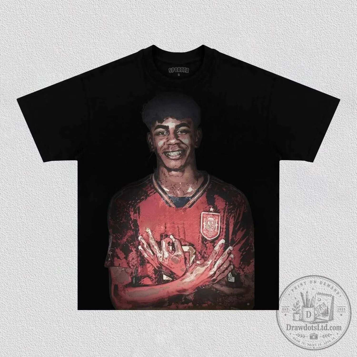 Lamine Yamal Spain Football Player Portrait Graphic Black T-Shirt
