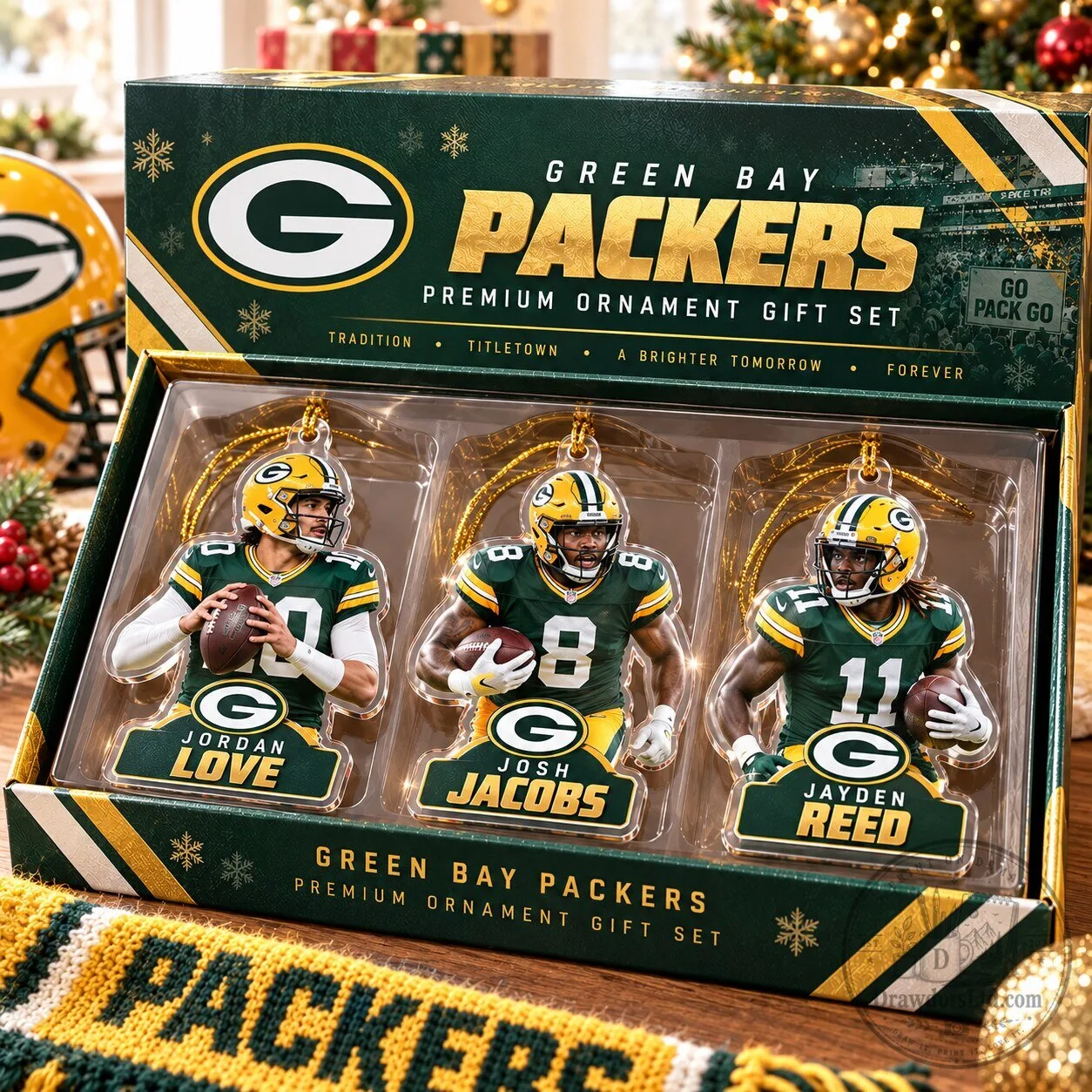 Green Bay Packers Jordan Love Josh Jacobs Jayden Reed Christmas Ornament Set