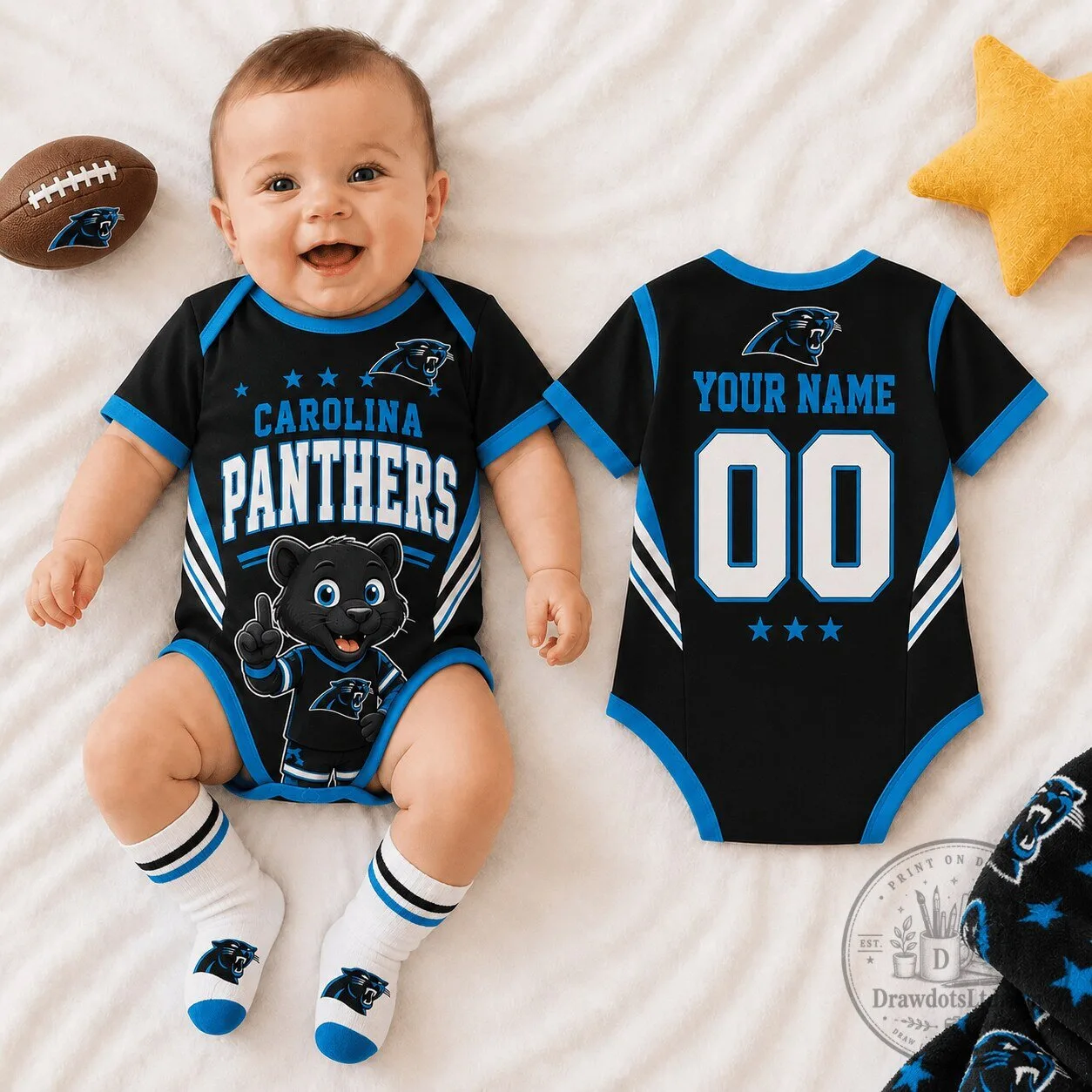 Carolina Panthers NFL Football Mascot Baby Romper Custom Name and Number