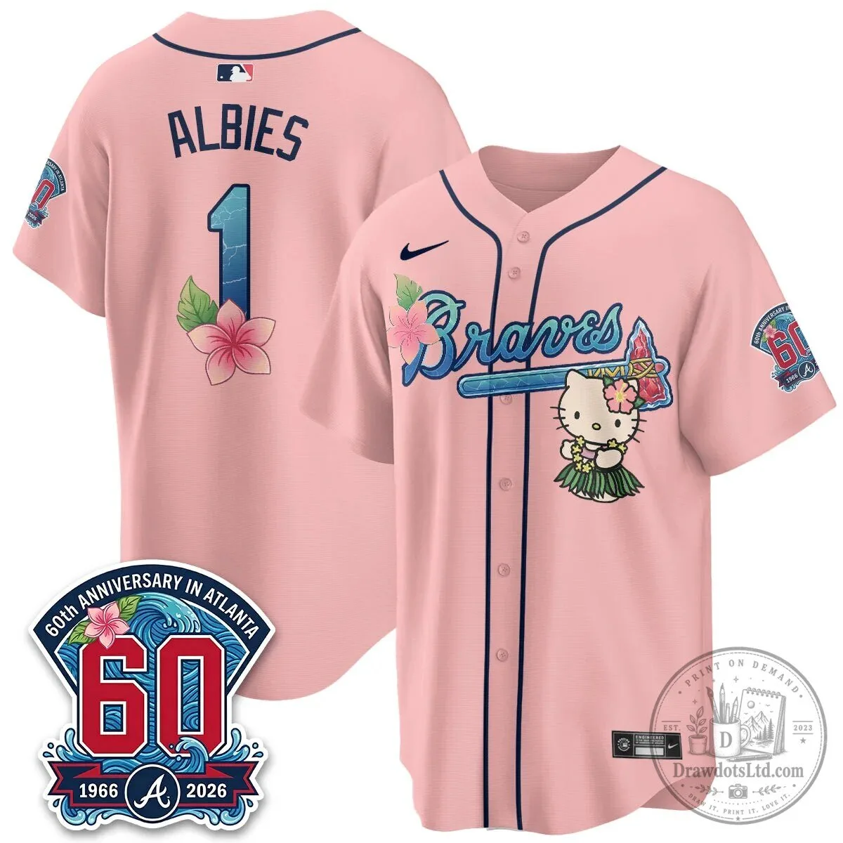 Atlanta Braves Ozzie Albies Hello Kitty Pink Baseball Jersey