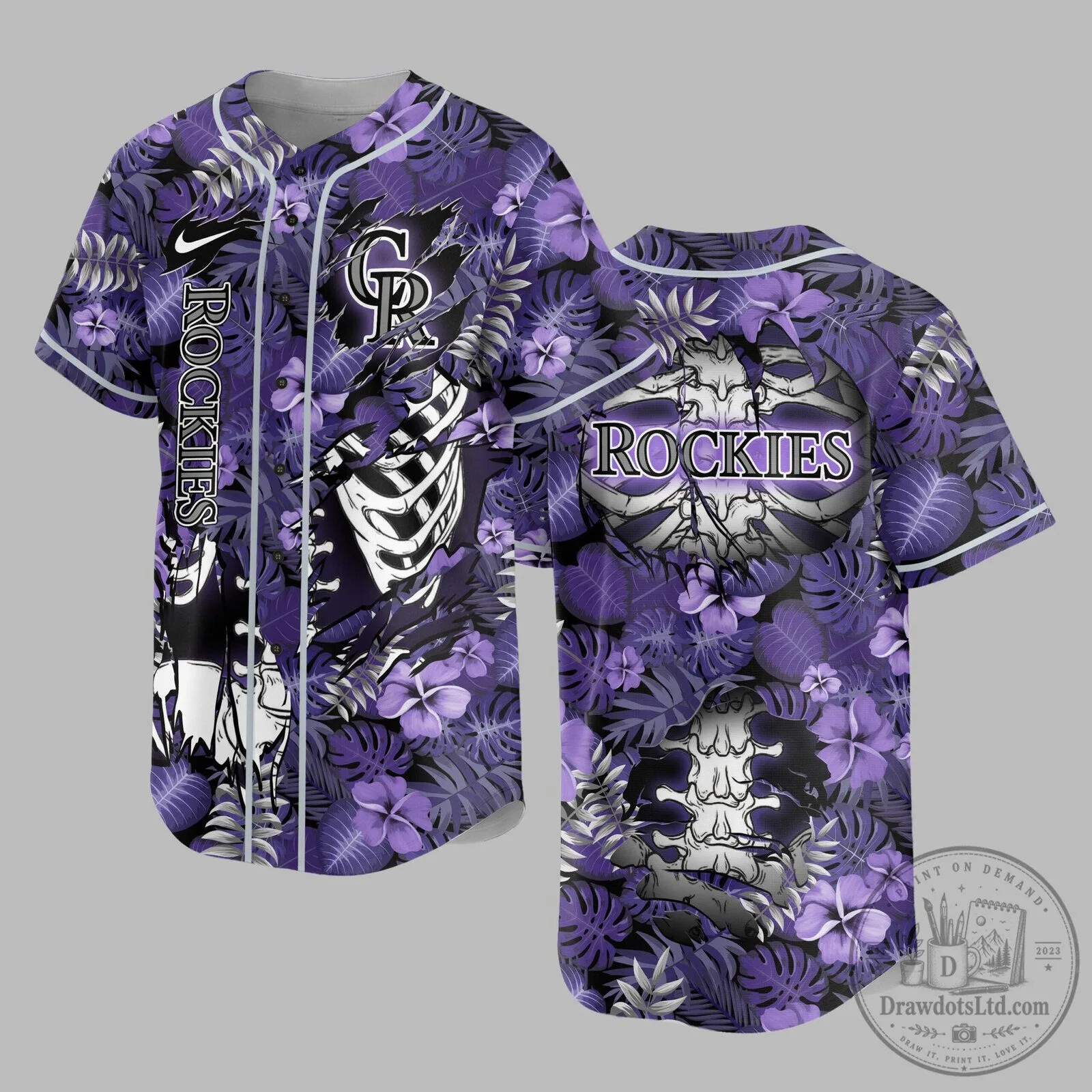 Colorado Rockies Baseball Skeleton Tropical Purple Hawaiian Shirt