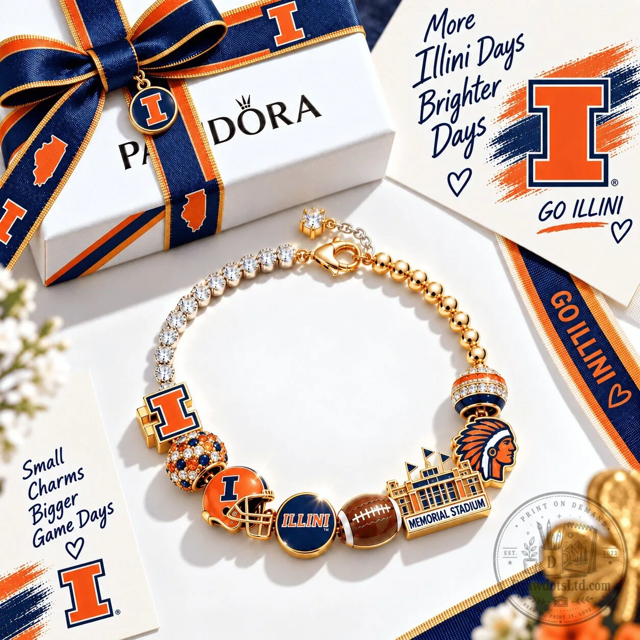 University of Illinois Fighting Illini Gold Charm Bracelet