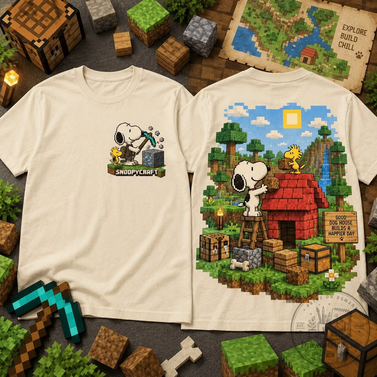 Snoopy Minecraft Pixel Adventure Game Graphic T-Shirt