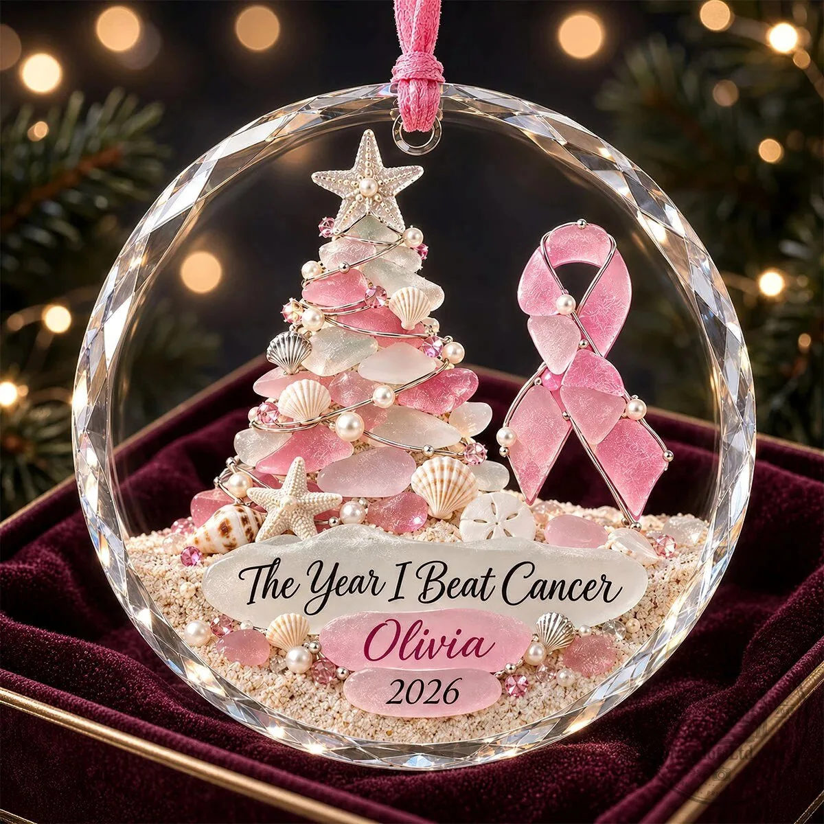 Personalized Breast Cancer Awareness Crystal Christmas Ornament