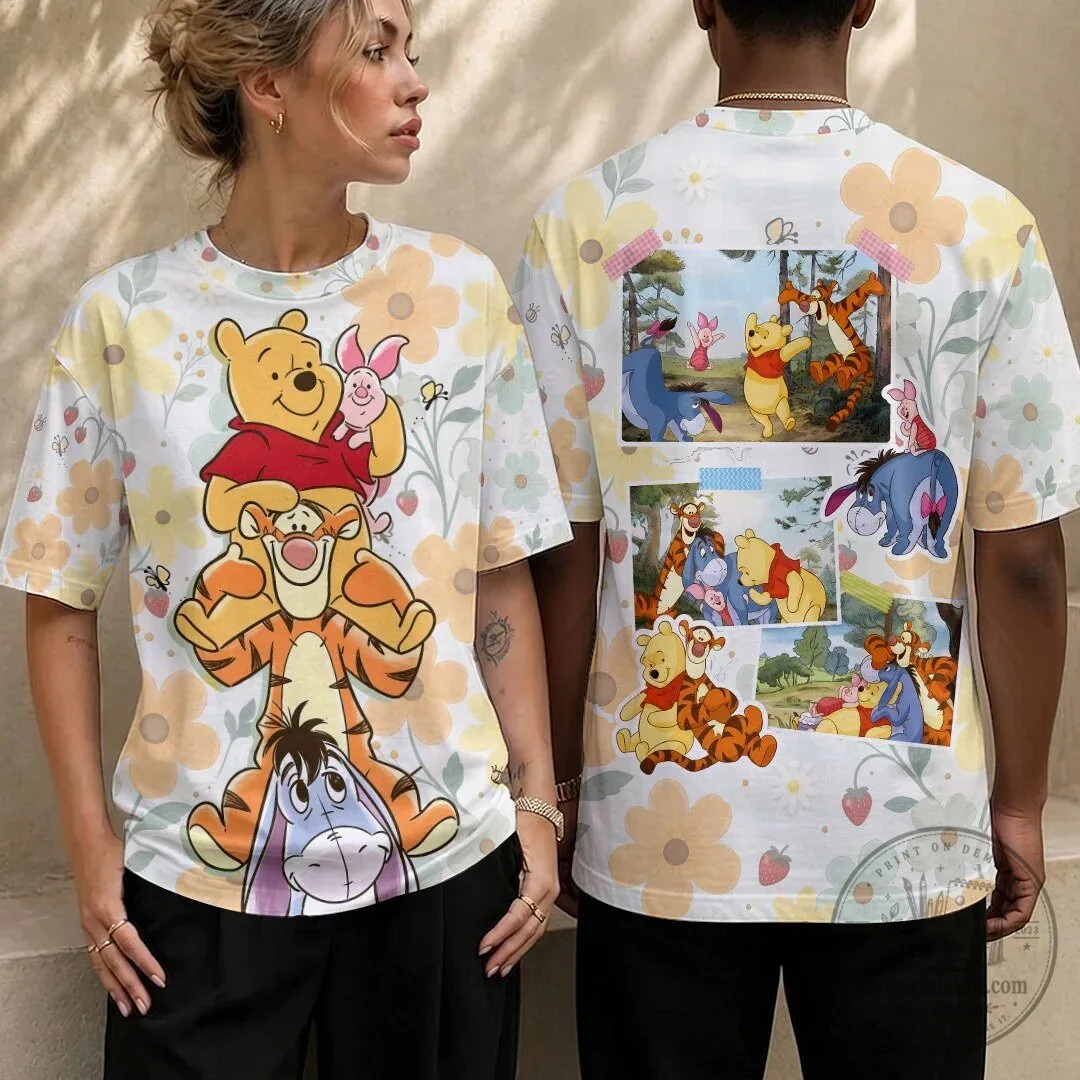 Winnie the Pooh and Friends Floral Pattern Short Sleeve T-Shirt