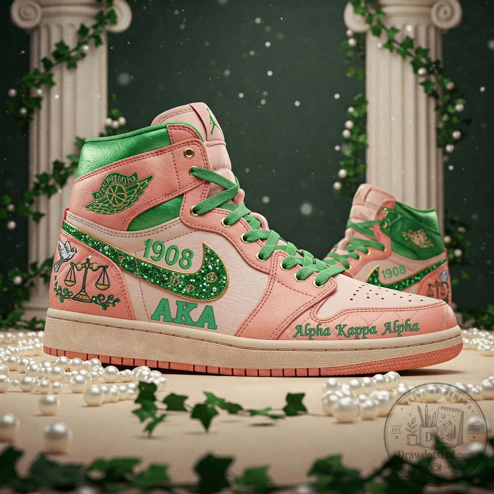 Alpha Kappa Alpha Sorority Pink and Green 1908 Air Jordan High Top Shoes