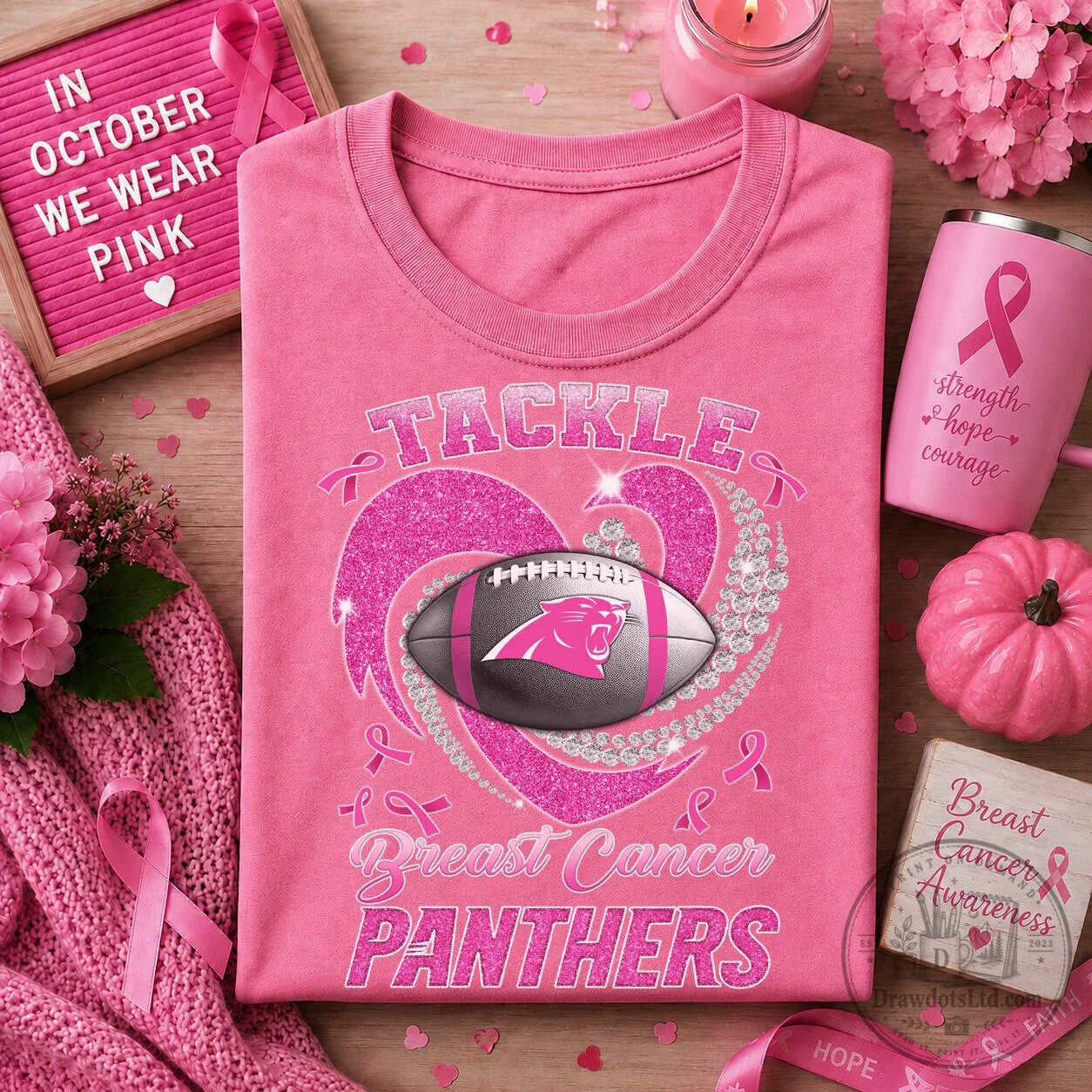 Carolina Panthers Breast Cancer Awareness Pink Ribbon Football T-Shirt