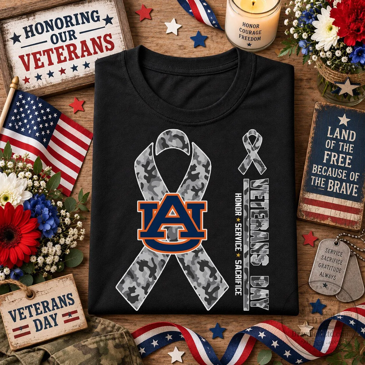 Auburn Tigers Camouflage Ribbon Veterans Day Honor Service Sacrifice T-Shirt