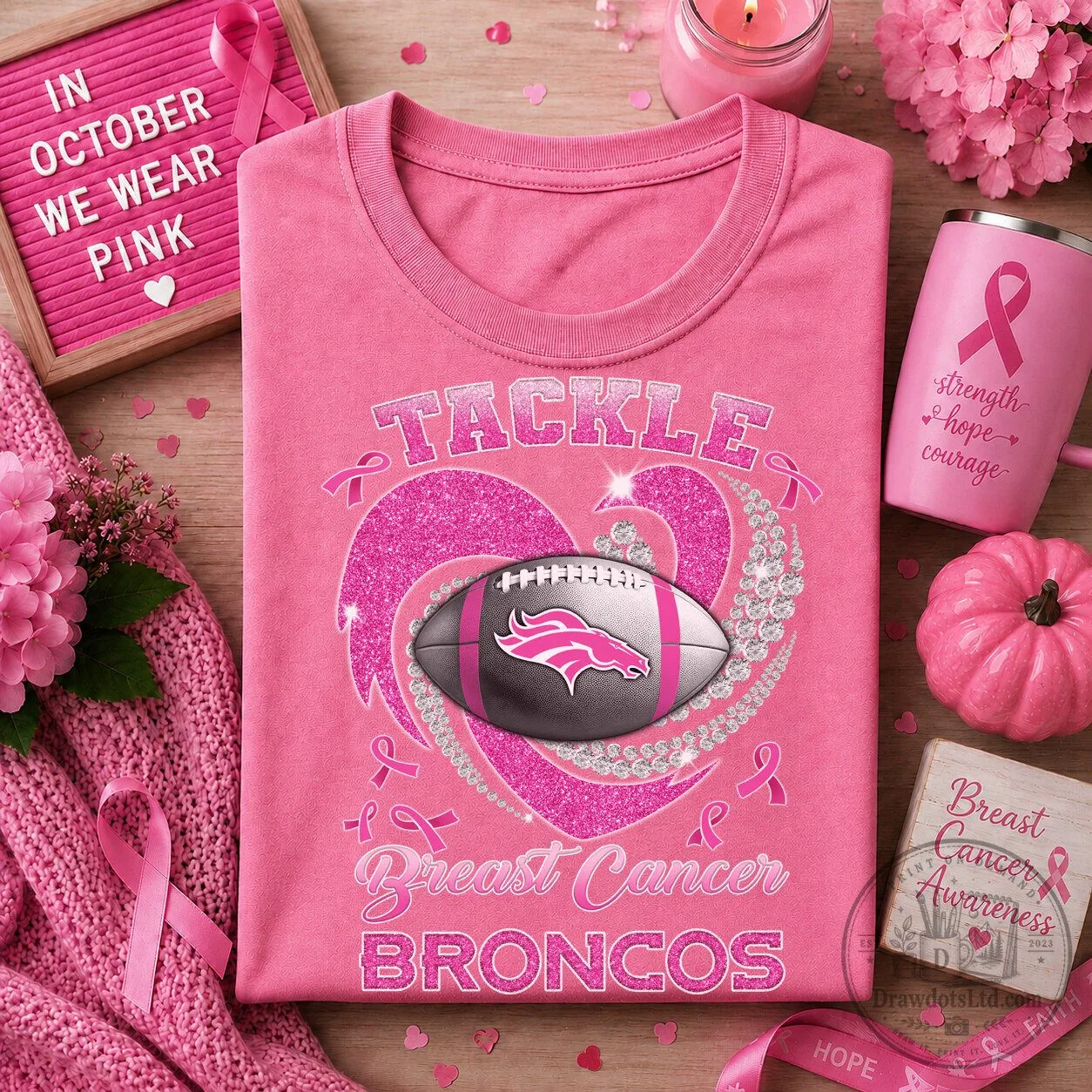 Denver Broncos Breast Cancer Awareness Pink Football T-Shirt