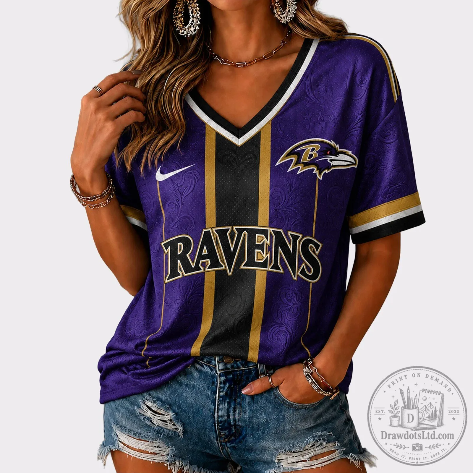 Baltimore Ravens NFL Football Team Purple V-Neck Game Day Jersey for Women 1 Baltimore Ravens NFL Football Team Purple V-Neck Game Day Jersey for Women