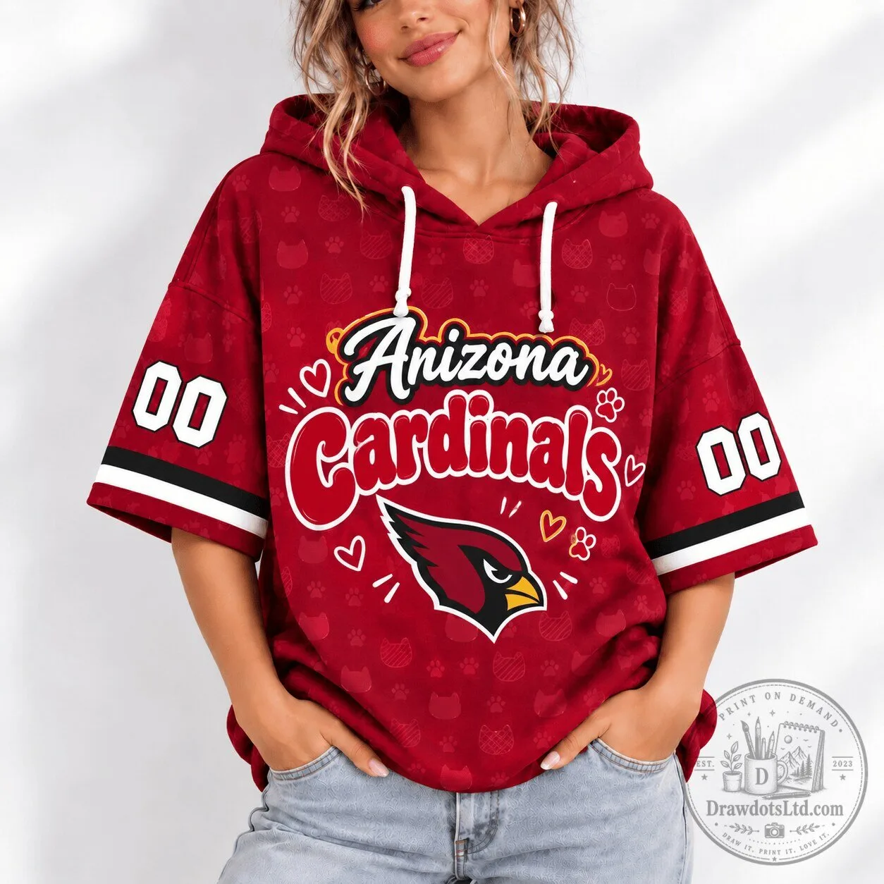 Arizona Cardinals Women's Short Sleeve Football Hoodie with Team Logo