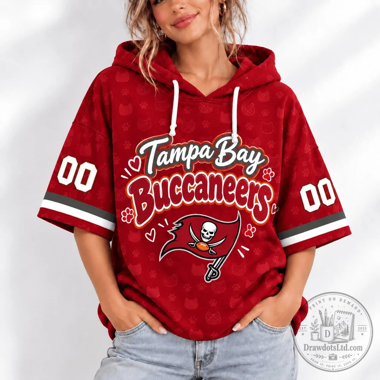 Tampa Bay Buccaneers Football Team Red Short Sleeve Hoodie for Women
