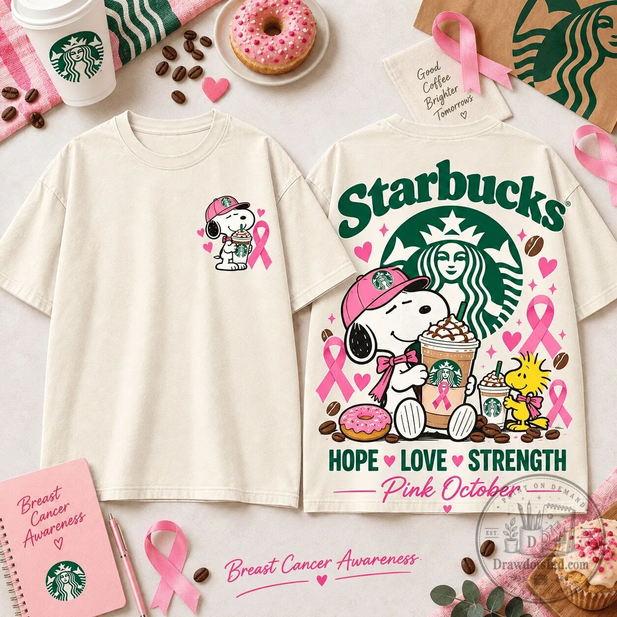 Starbucks Snoopy Pink Ribbon Breast Cancer Awareness Hope Love Strength T-Shirt