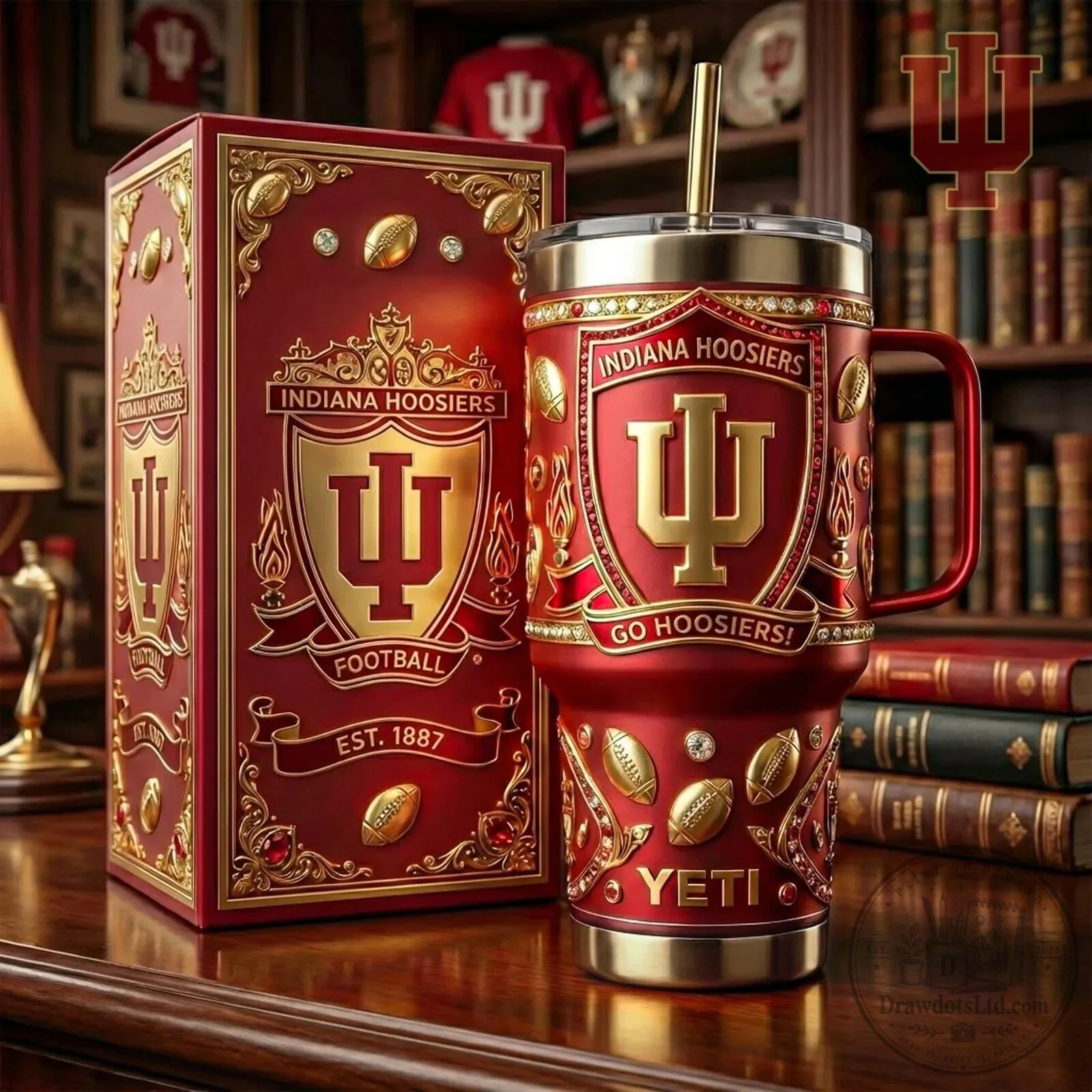 Indiana Hoosiers Football Team Red and Gold Insulated Tumbler with Handle