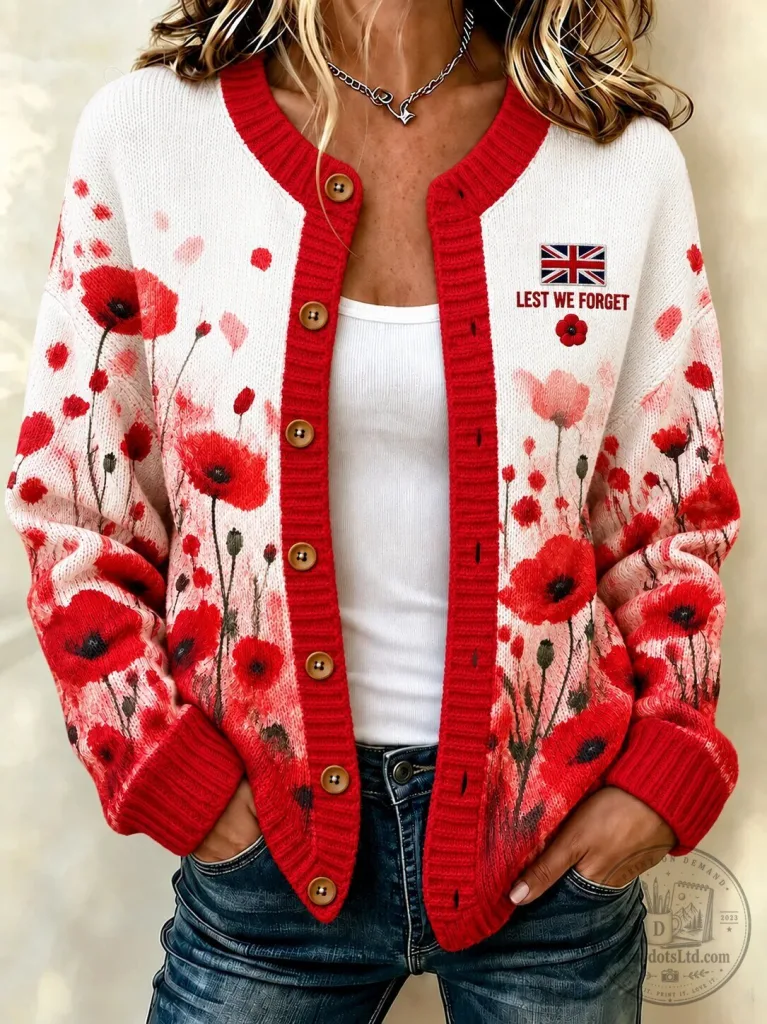 Remembrance Day Lest We Forget Poppy Flower Button Up Cardigan