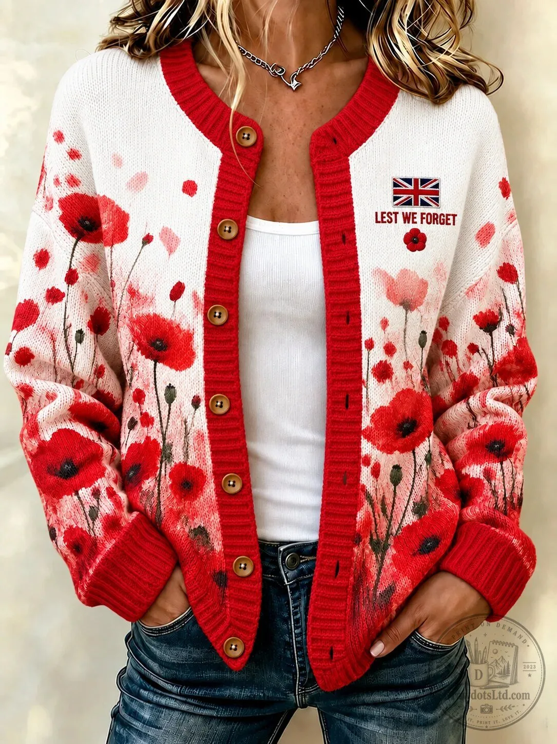 Remembrance Day Lest We Forget Poppy Flower Button Up Cardigan