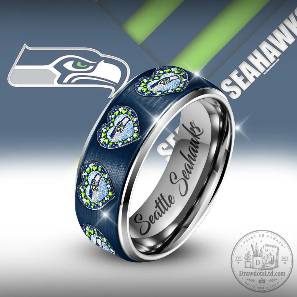 Seattle Seahawks NFL Heart of the Game Silver Tungsten Ring with Gemstones