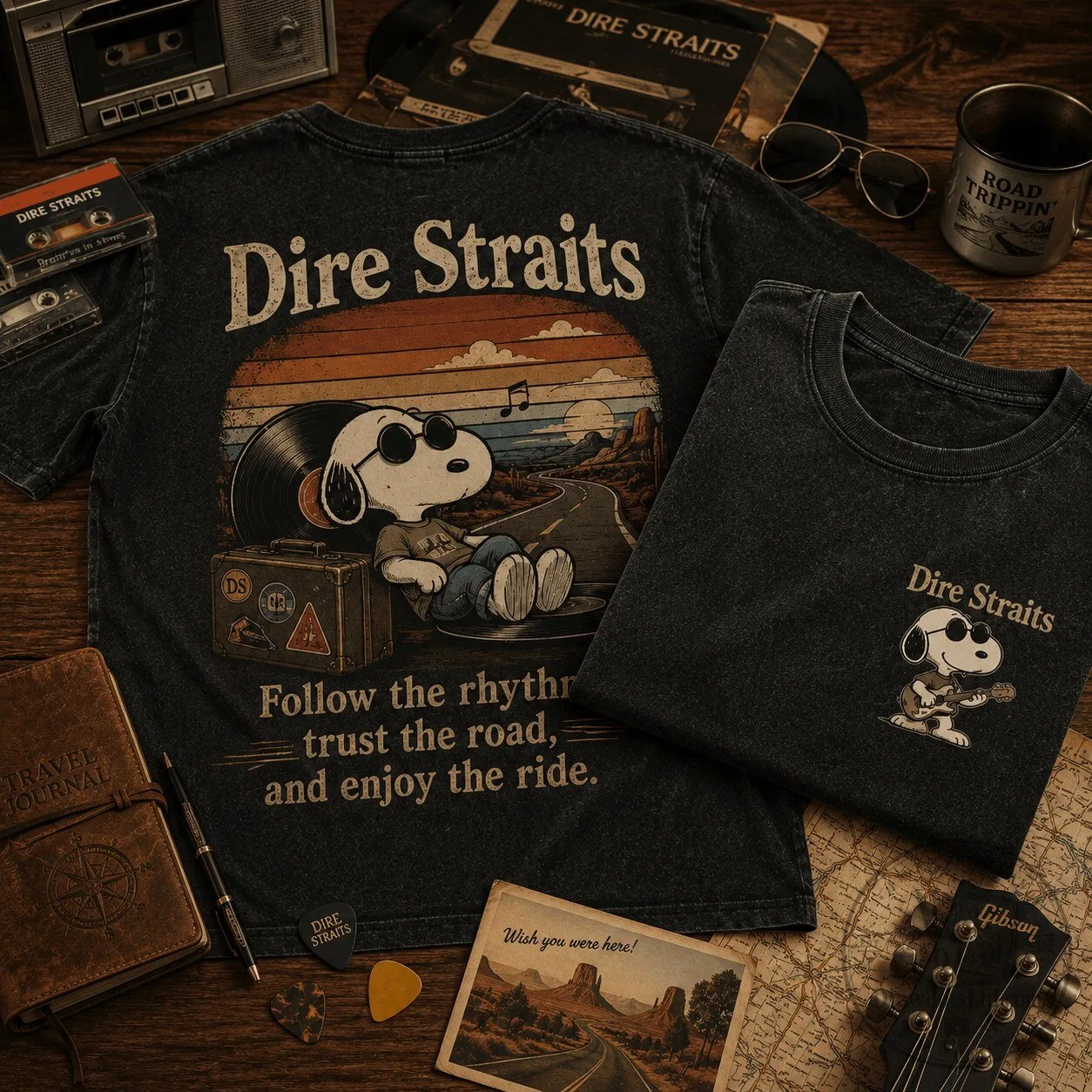 Dire Straits Snoopy Road Trip Shirt for Classic Rock Fans