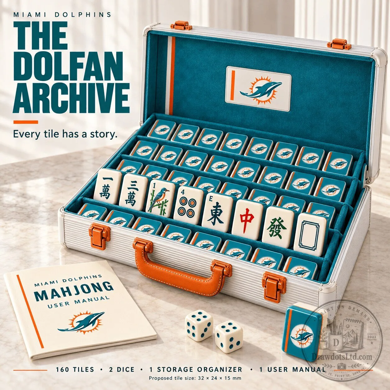 Miami Dolphins Mahjong Tiles Set with Storage Case and Dice