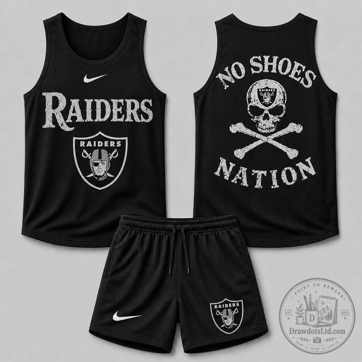 Las Vegas Raiders Football Team Skull Crossbones Sleeveless Tank Top and Shorts Set