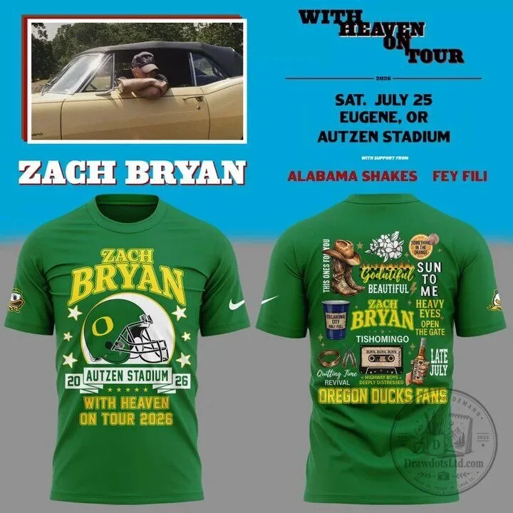 Heaven On Tour 2026 T-Shirt featuring Zach Bryan and Oregon Ducks Football