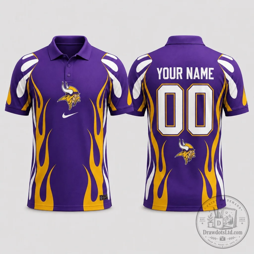 Minnesota Vikings Purple Flames Custom Name And Number Polo Shirt Minnesota Vikings Purple Flames Custom Name And Number Polo Shirt