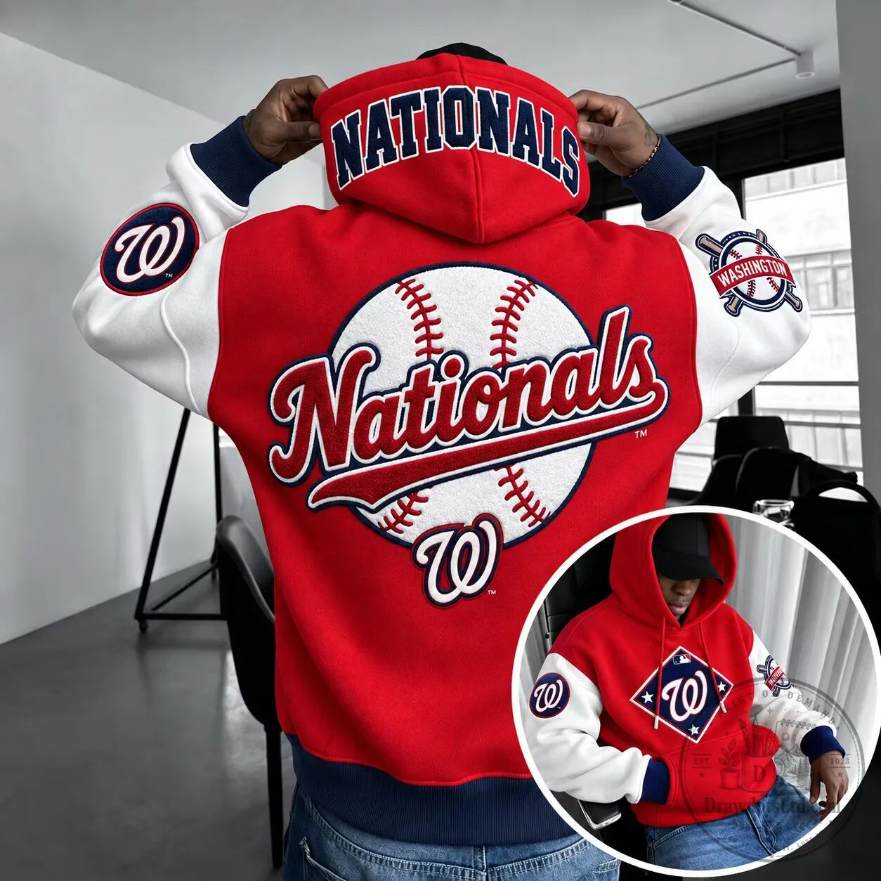 Washington Nationals Baseball Team Logo Red and White Varsity Hoodie