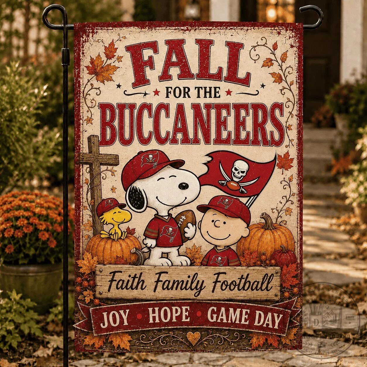 Fall For The Buccaneers Peanuts Snoopy And Charlie Brown Football Garden Flag