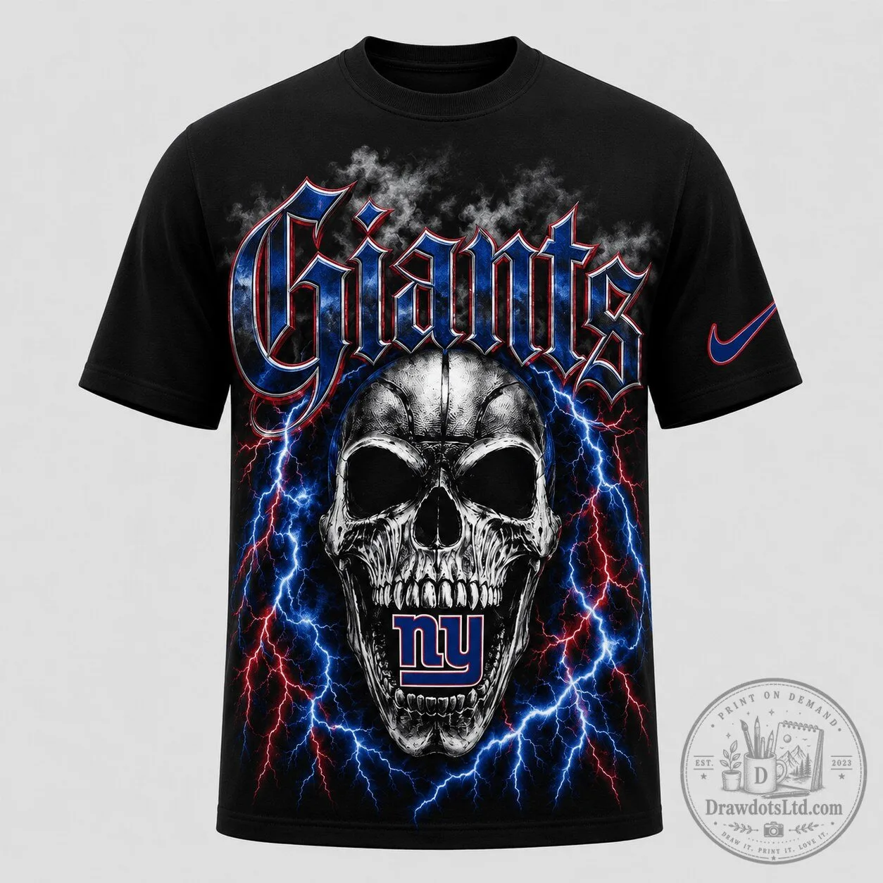 New York Giants Skull Lightning Graphic Black T-Shirt 1 New York Giants Skull Lightning Graphic Black T-Shirt