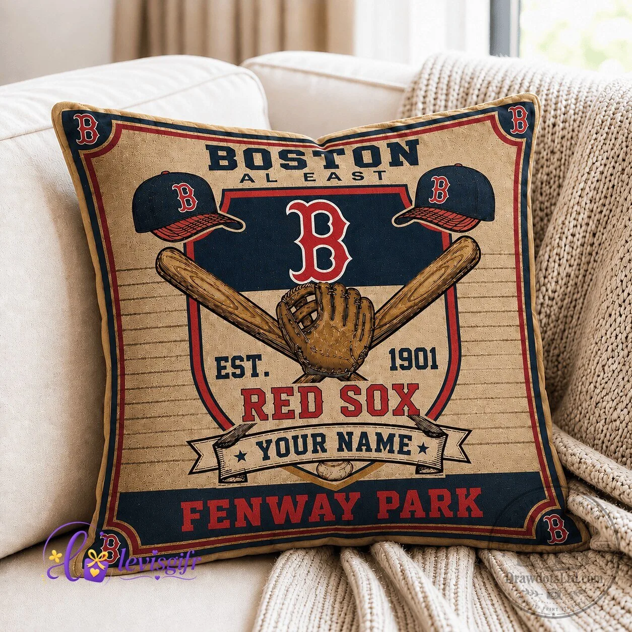 Boston Red Sox Baseball Personalized Throw Pillow Cover with Fenway Park Design