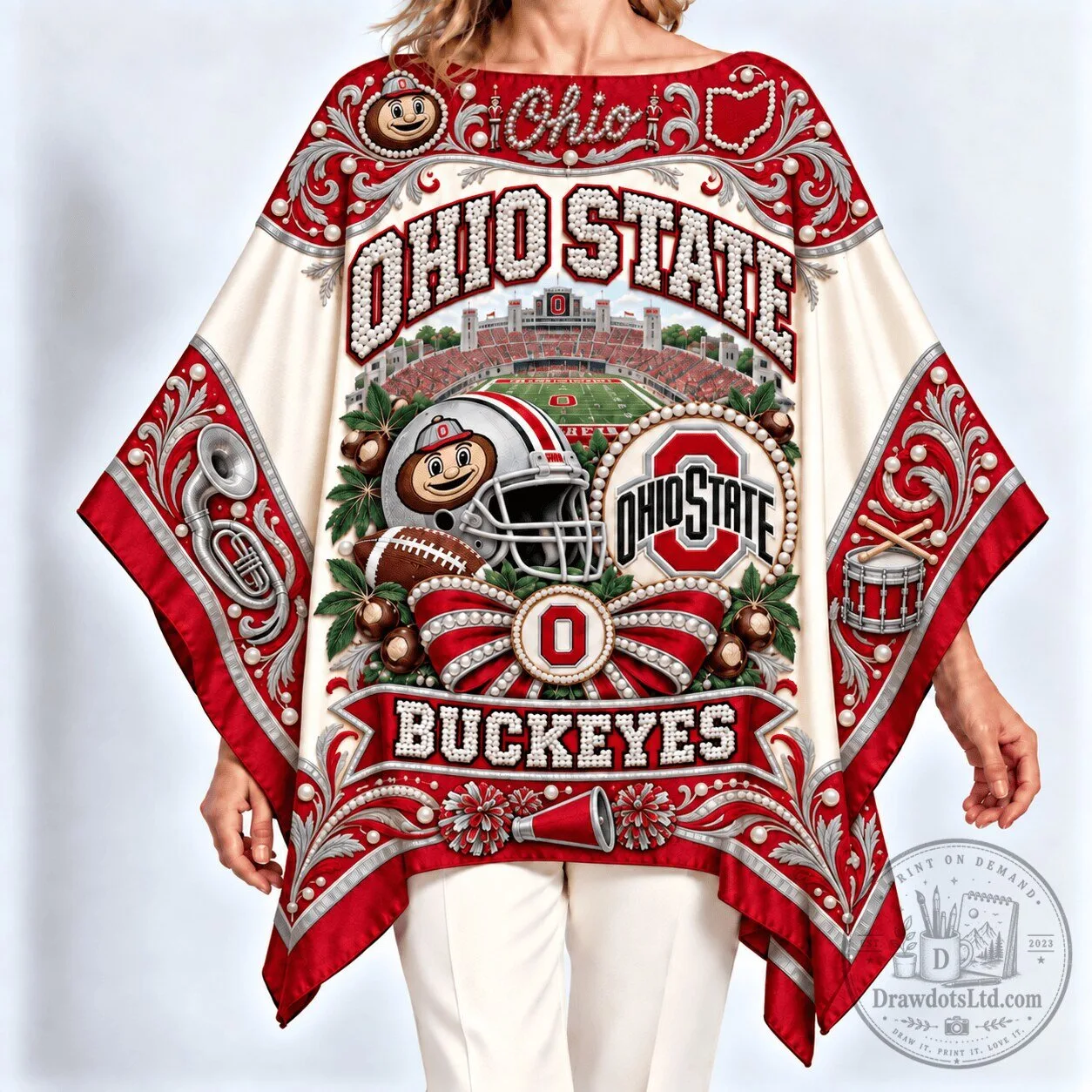 Ohio State Buckeyes Football Team Stadium Pearl Embellished Poncho Top