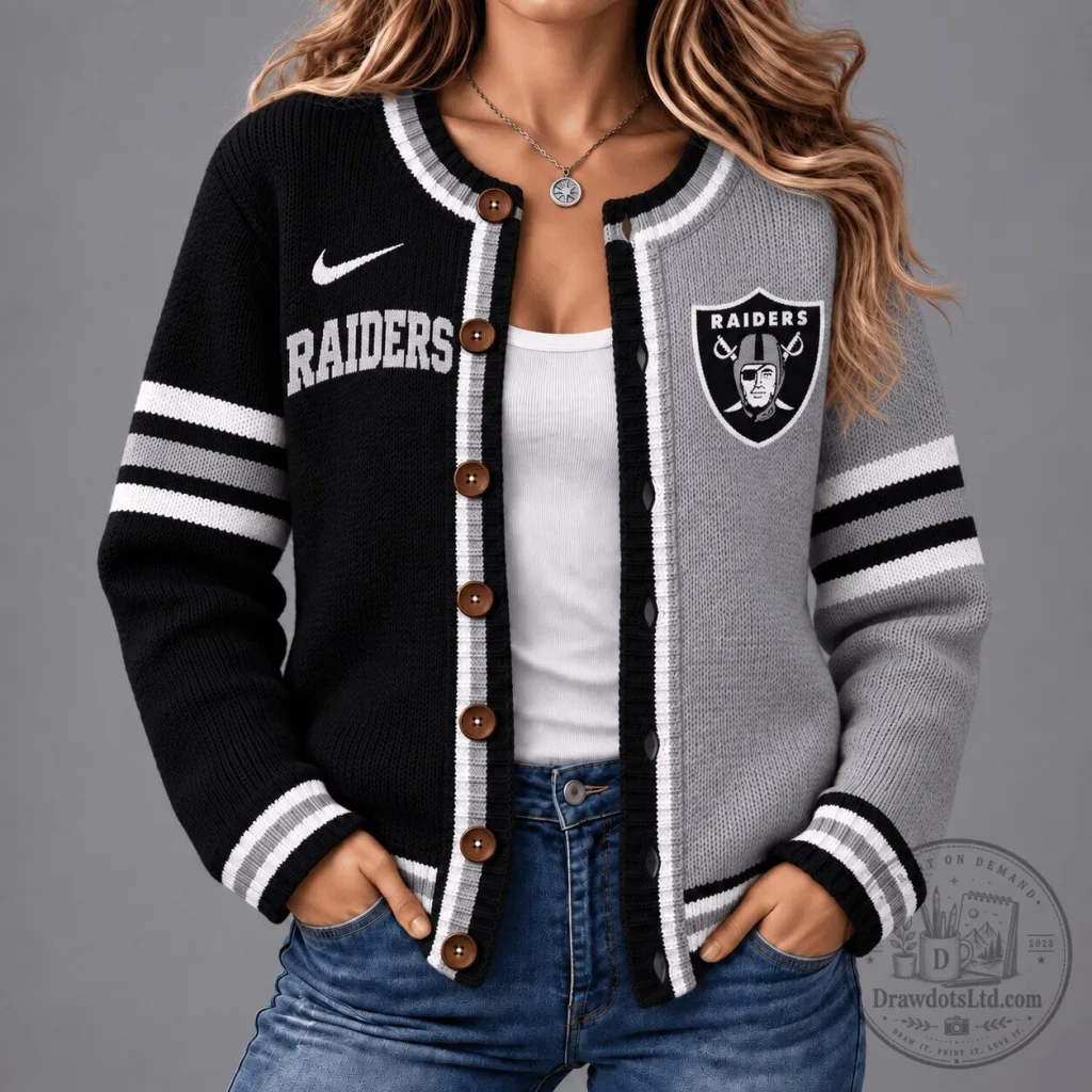 Las Vegas Raiders NFL Football Team Black and Gray Striped Cardigan Sweater