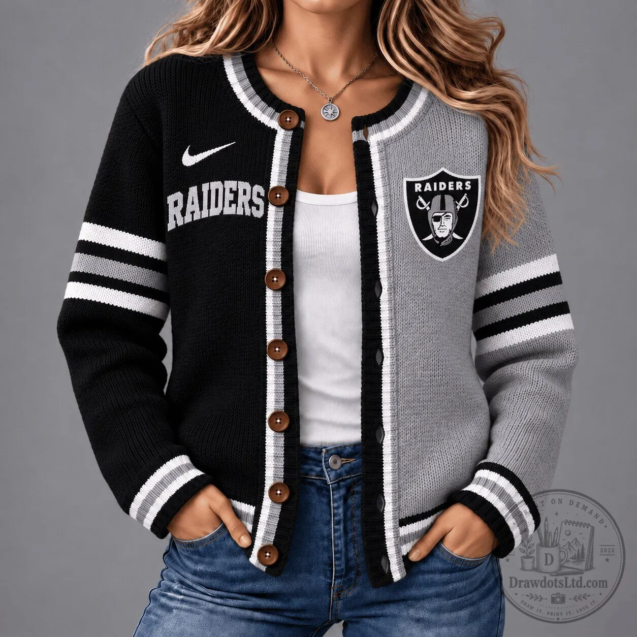 Las Vegas Raiders NFL Football Team Black and Gray Striped Cardigan Sweater