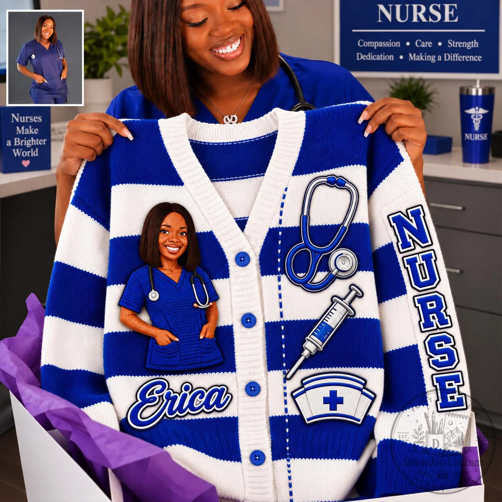 Personalized Nurse Cartoon Character Blue and White Striped Cardigan Sweater