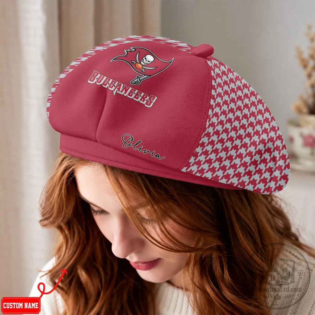 Tampa Bay Buccaneers NFL Football Team Personalized Red Houndstooth Beret Hat Tampa Bay Buccaneers NFL Football Team Personalized Red Houndstooth Beret Hat