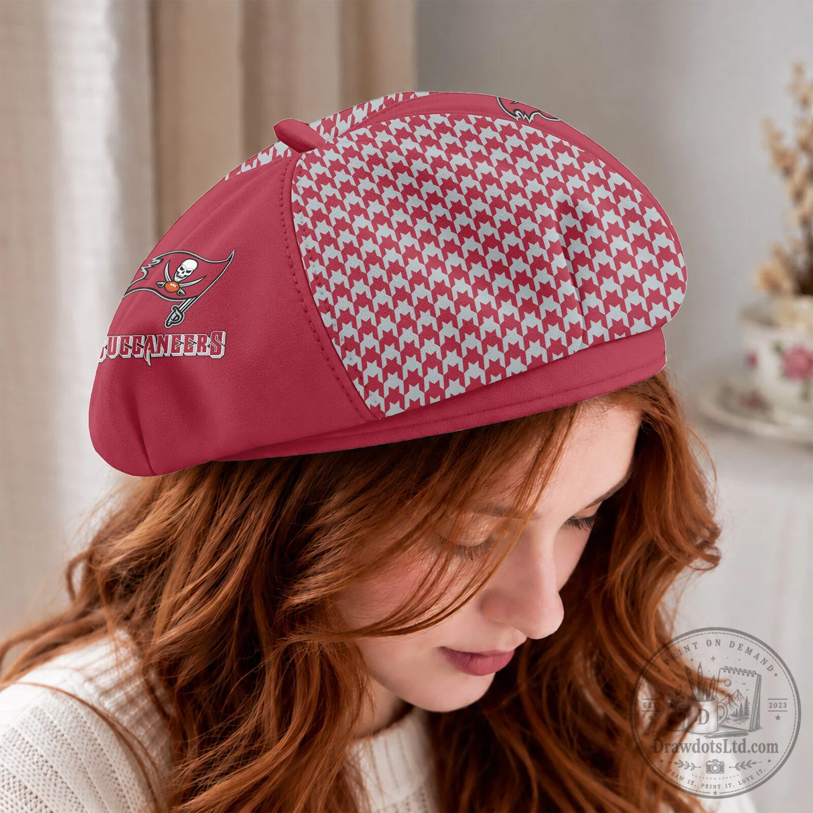 Tampa Bay Buccaneers NFL Football Team Personalized Red Houndstooth Beret Hat 5 Tampa Bay Buccaneers NFL Football Team Personalized Red Houndstooth Beret Hat