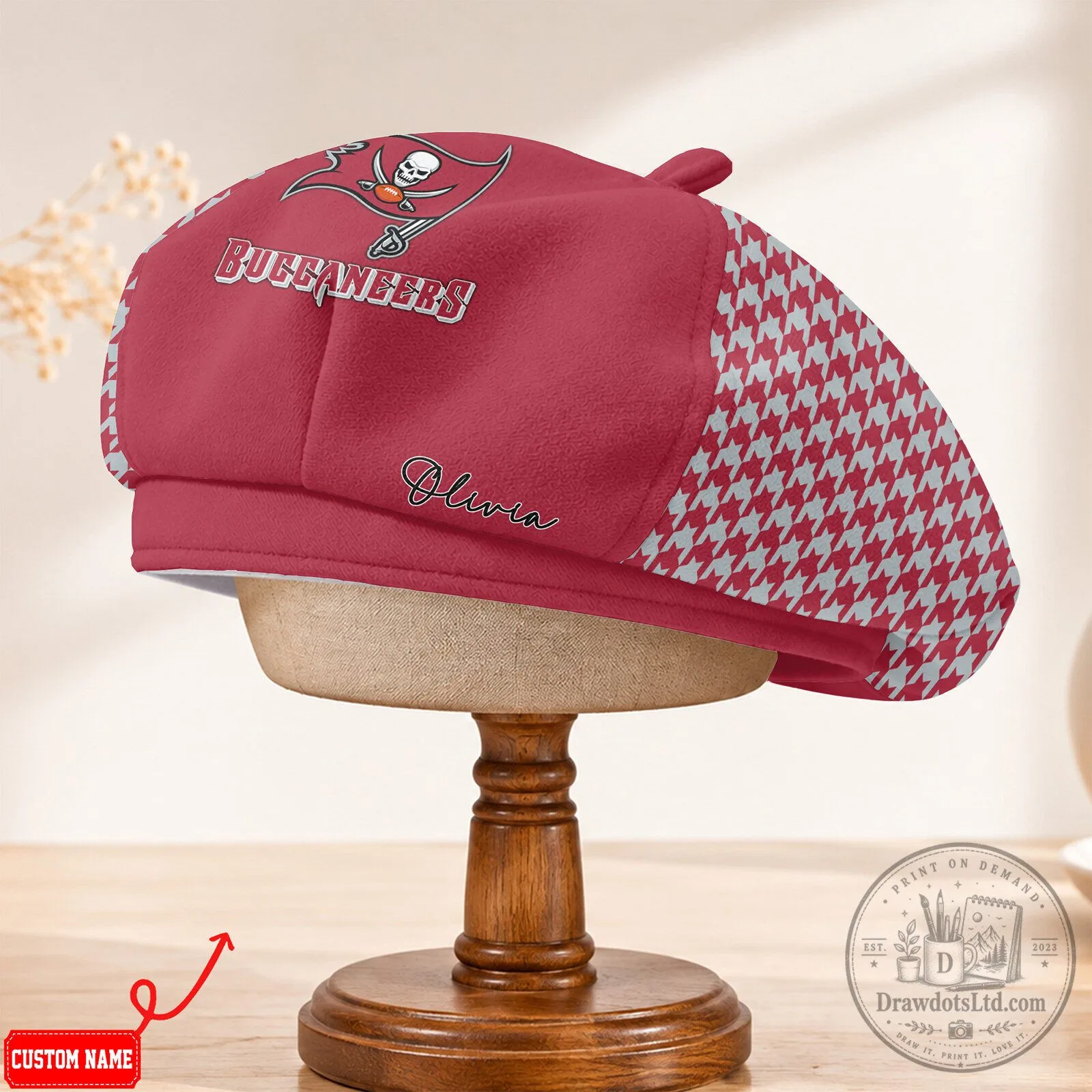 Tampa Bay Buccaneers NFL Football Team Personalized Red Houndstooth Beret Hat 7 Tampa Bay Buccaneers NFL Football Team Personalized Red Houndstooth Beret Hat
