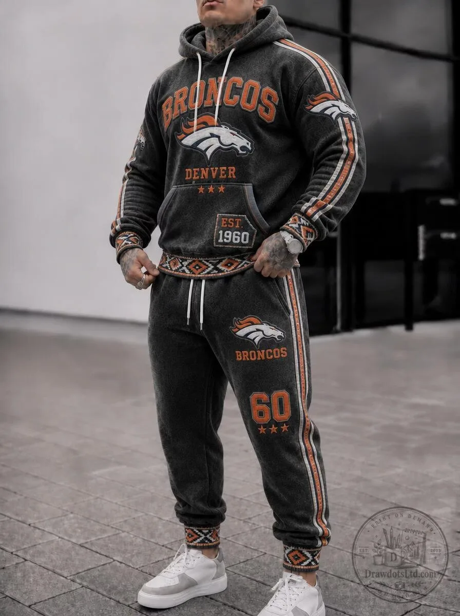 Denver Broncos Football Team Washed Grey Hoodie and Sweatpants Tracksuit Set